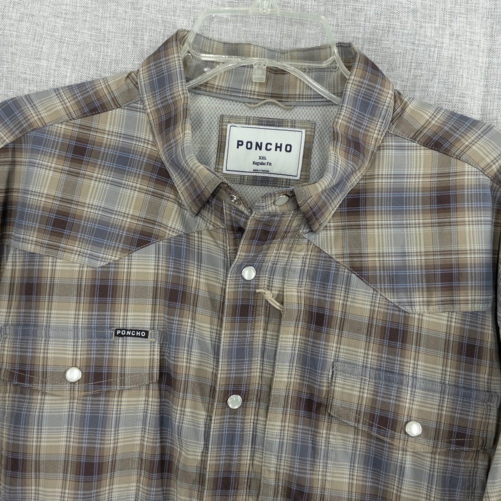 Poncho Muleshoe Western Shirt Men's XXL Brown Blue Plaid Performance Nylon